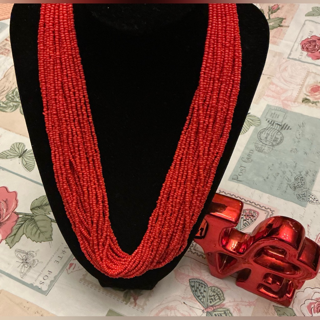 Multi Stringed Red Seed Bead Necklace